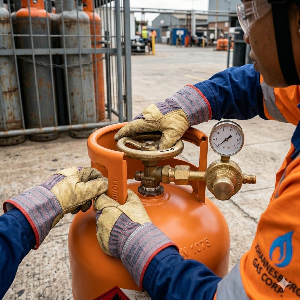 Get a safety-themed photo of someone checking an LPG cylinder valve or regulator